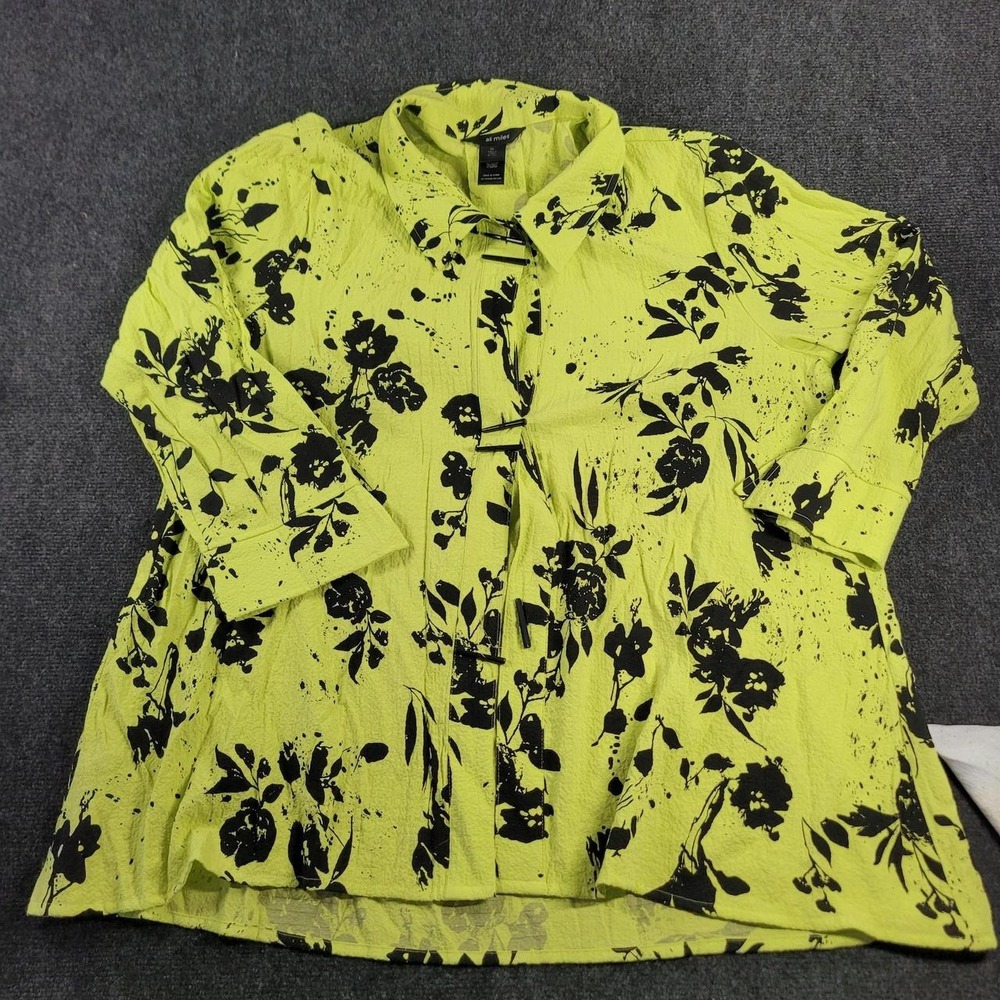 Ali Miles XL Green Black Floral Toggle Button Up Blouse Textured Crinkle Top